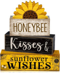 Lineshading 4 Pcs Sunflower Table Decor Farmhouse Summer Tiered Tray Decor | Stackable Rustic Block Signs with Honeybee Sunflower Wishes Theme, Tabletop Shelf Decoration for Farmhouse Gift