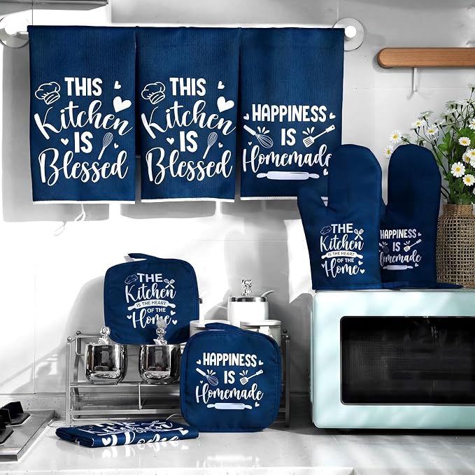 Leinuosen 8 Pcs Kitchen Towels and Oven Mitts Sets Pot Holders Dishcloths Set Kitchen Decorative Accessories Absorbent Potholders Heat Resistant for Chef Baking Cooking