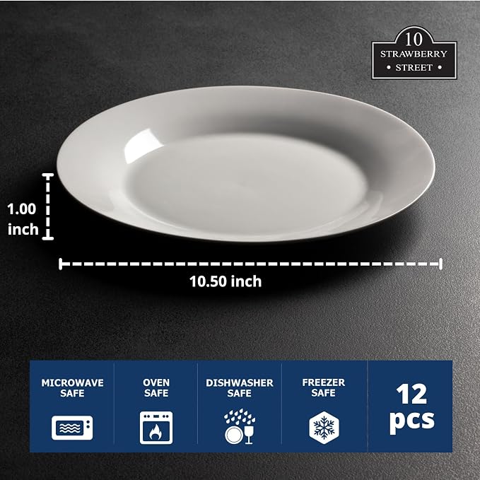 10 Strawberry Street 10.5" Catering Round Dinner Plate, Set of 12 , White