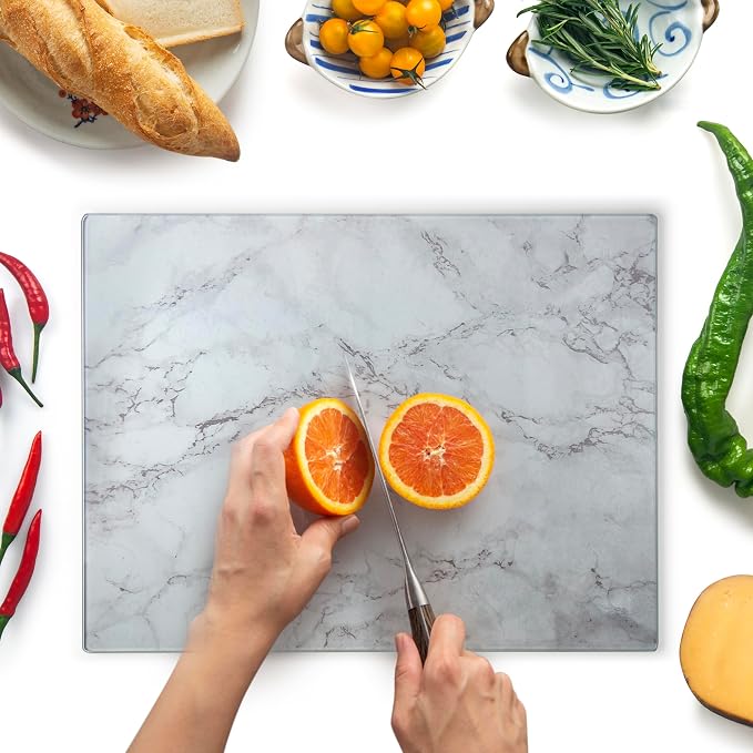 Glass Cutting Board 16"x12": Tempered Glass Kitchen Counter Protector - Durable- Scratch-Resistant, Heat-Proof - Design 3 - Grey Marble Effect