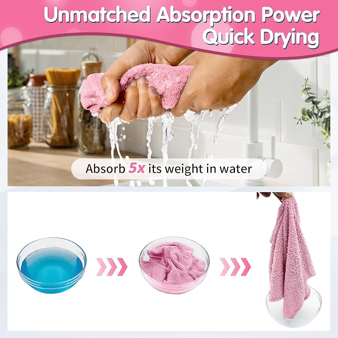 Pink Microfiber Cleaning Cloth -Pack of 8, Highly Absorbent Cleaning Rags, 16"X12" All Purpose Cleaning Towels for Housekeeping, Kitchen, Car, Lint Free and Reusable Microfiber Towels