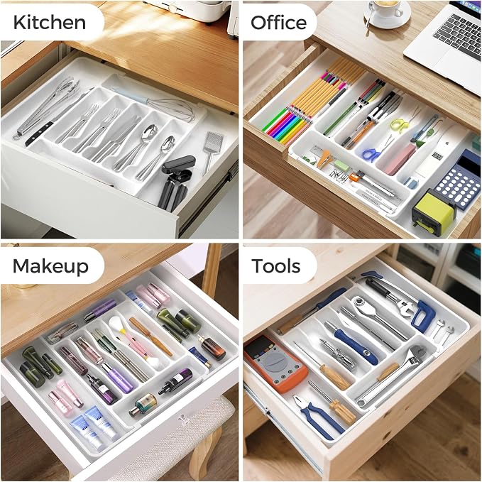 ukeetap Extra Large Expandable Silverware Organizer, Flatware Tray,White | BPA-Free Food-Safe Kitchen Utensil Cutlery Drawer Organizer, Adjustable Silverware Holder for Spoons Forks Knives