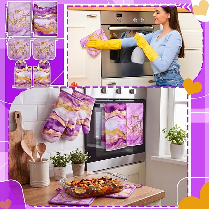 Bencailor 6 Pcs Purple Kitchen Decor Marble Dish Towels Oven Mitts and Pot Holders Modern Purple Marble Kitchen Set for Baking Cooking Grilling Cleaning Supply Accessories