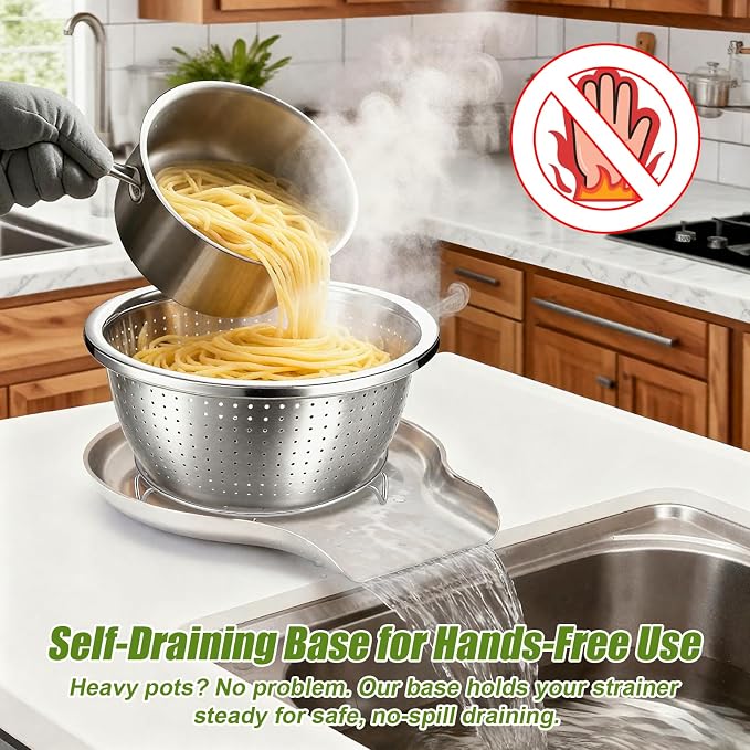 Palksky Stainless Steel Colander Set with Self-Draining Base, 3 Sizes Colanders & Food Strainers for Pasta, Rice, Fruits & Veggies, Metal Colander with Draining Plate for Sink or Countertop