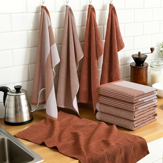 Homaxy 3 Pack Cotton Terry Premium Kitchen Towels, 18 x 28 in, Rust | Large 380 GSM Dish Towels, Highly Absorben Flat & Terry Kitchen Hand Towels, Soft Utility Tea Towel Set with Hanging Loop
