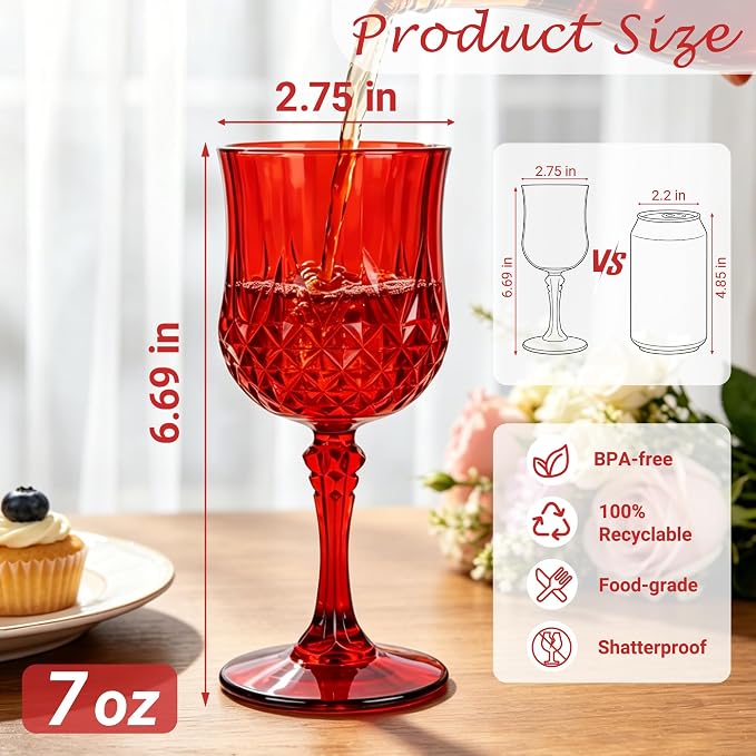24Pack Plastic Wine Glasses, 7oz Vintage Goblets for Wedding | Unbreakable Crystal Style Reusable Stemware, Elegant Red Drinking Glass for Party Anniversary & Holiday Celebration