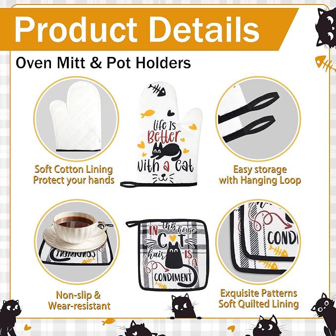 8 PCS Black Cat Decor Kitchen Decor and Accessories - 4 Dish Towels Set 2 Oven Mitts and Pot Holders Sets for Cat Lover Cooking Baking Cute Kitty Kitten Plaid Lightweight