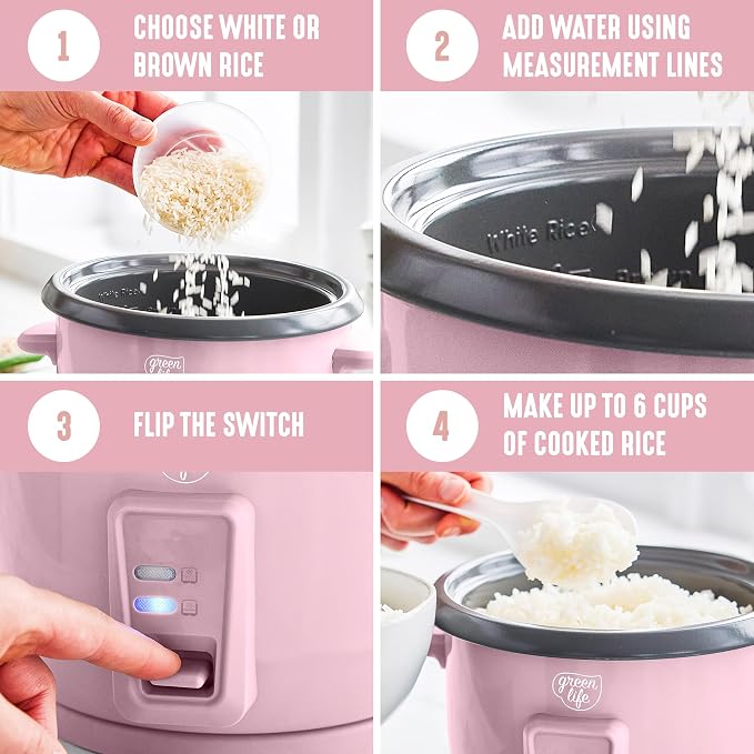 GreenLife Rice Cooker, 3-Cups Uncooked/6-Cups Cooked, Pink | PFAS-Free Ceramic Nonstick Removable Pot, One-Switch Design, Grains Multicooker, Keep Warm, Dishwasher Safe Parts, Easy Clean