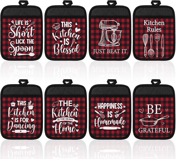 Bencailor 8 Pcs Red Buffalo Plaid Pot Holders with Pocket Red Heart Sign Potholder Heat Resistant Hot Pads Oven Mitt for Kitchen Home Anniversary Decorations Baking Cooking Gift