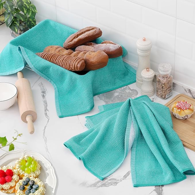 Homaxy 380 GSM Cotton Premium Kitchen Towels 3 Pack, 18"x 28", Teal | Flat and Terry Dish Towels, Highly Absorbent Tea Towel Set with Hanging Loop, Soft Utility Kitchen Hand Towels