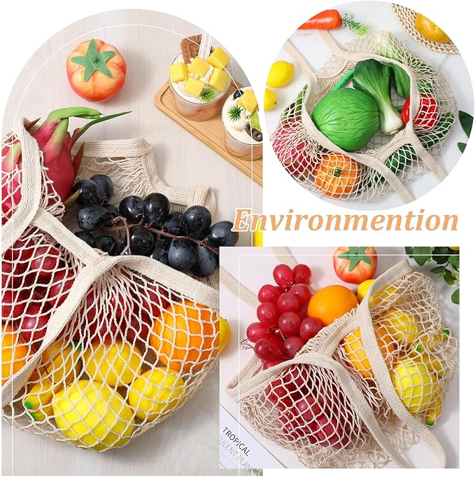Mabor 2-Pack Cotton Mesh Grocery Bags, Reusable & Foldable Net Produce Bags for Shopping, Beige & Black