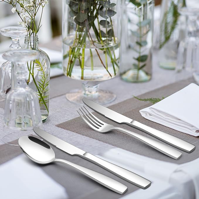 E-far 40 Pcs Heavy Duty Silverware Set for 8, Stainless Steel Flatware Set | Thick Metal Tableware Eating Utensils Include Forks Spoons Knives, Square Edge & Mirror Polished Cutlery, Dishwasher Safe