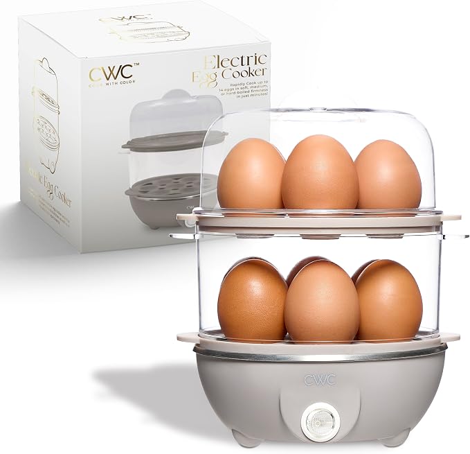 COOK WITH COLOR 350W Electric Double Layer Egg Cooker - Egg Boiler for Hard Boiled, Soft Boiled, and Omelettes, 6.1x6.1x8.7, Greige