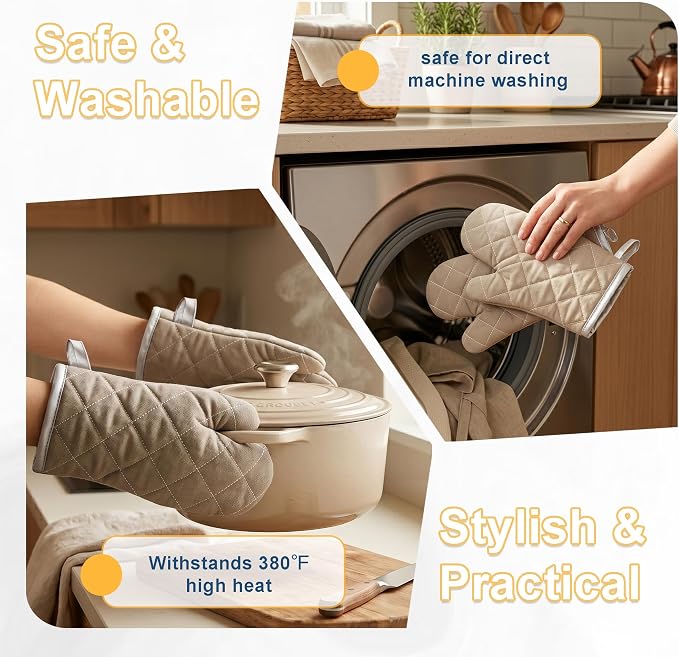 ARCLIBER Grey 12" Quilted Oven Mitts 1 Pair Heat Resistant Kitchen | Quilted Lining, 1 Pair, Heat Resistant, Classic, Cotton Blend, Cooking, Baking, Grilling, Non-Slip Grip