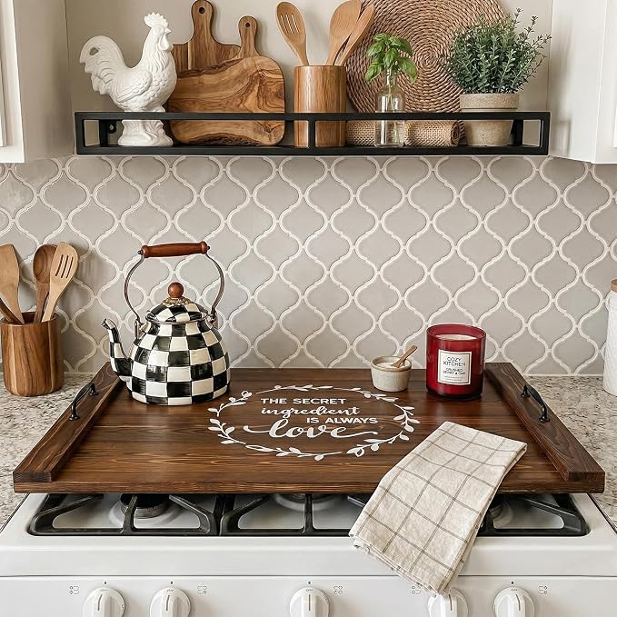 Noodle Board Stovetop Cover with Handles, Sink Wood Block Covers for Electric & Gas Stove, RV Stove Burner, Farmhouse Decorative Wooden Tray for Kitchen-The Secret Ingredient is Always Love