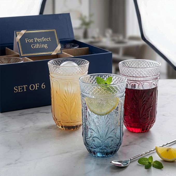 13 OZ 6 Pack Vintage Drinking Glasses Set, Colorful Textured Glass Water Tumblers Cups -Embossed Striped Glassware for Water, Cocktails, Juice, Iced Coffee, Beer(Sweet flag style)
