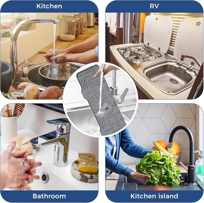 BFONS XL Silicone Faucet Handle Drip Catcher Tray, Gray, 18.1in x 5.7in x 0.79in