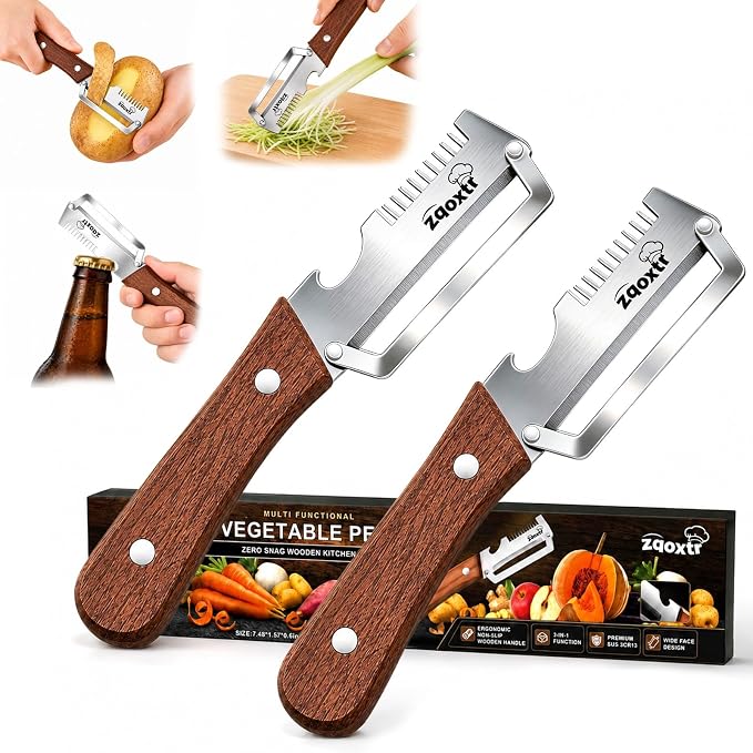 3-in-1 Multifunctional Vegetable Peeler for Kitchen | Sharp Stainless Steel Blade with Wooden Handle, Scallion Shredder and Bottle Opener Fruit and Vegetables. 2Pcs