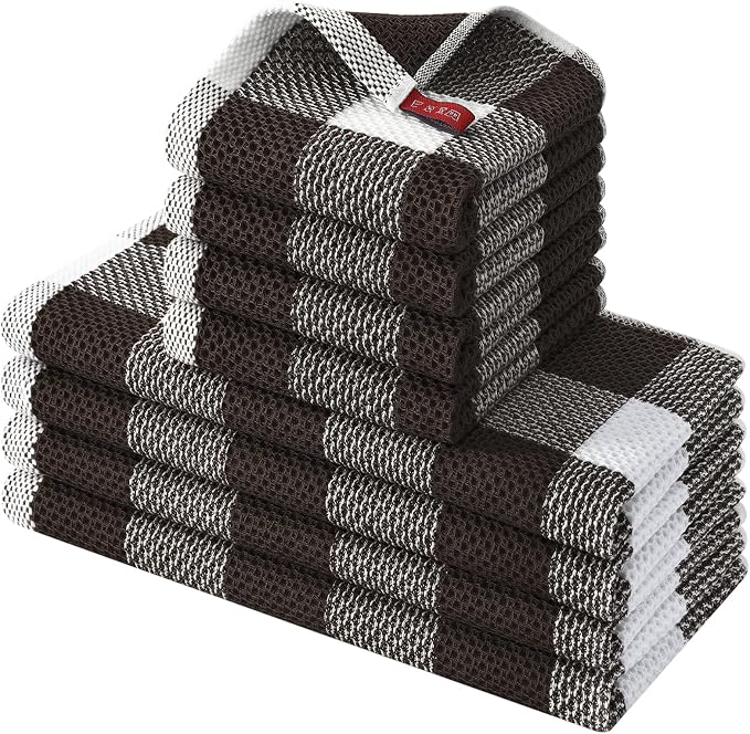 Homaxy Kitchen Towels and Dishcloths Set, Set of 8, White & Dark Brown | Bulk Cotton Waffle Weave Check Plaid Kitchen Towels, Super Soft and Absorbent Dish Cloths, 12 x 12 and 13 x 28 Inches