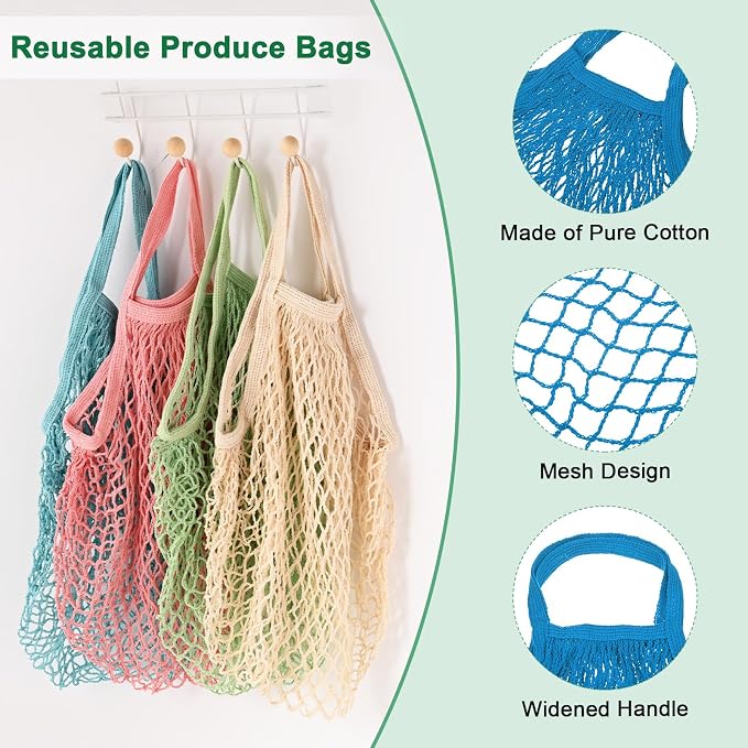 M METERXITY 1-Pack Cotton Mesh Bag, Reusable Washable Mesh Net String Grocery Bags, Reusable Produce Bags with Handle, Net Tote Bag for Fruits/Vegetables Shopping [Blue, Short Handle]