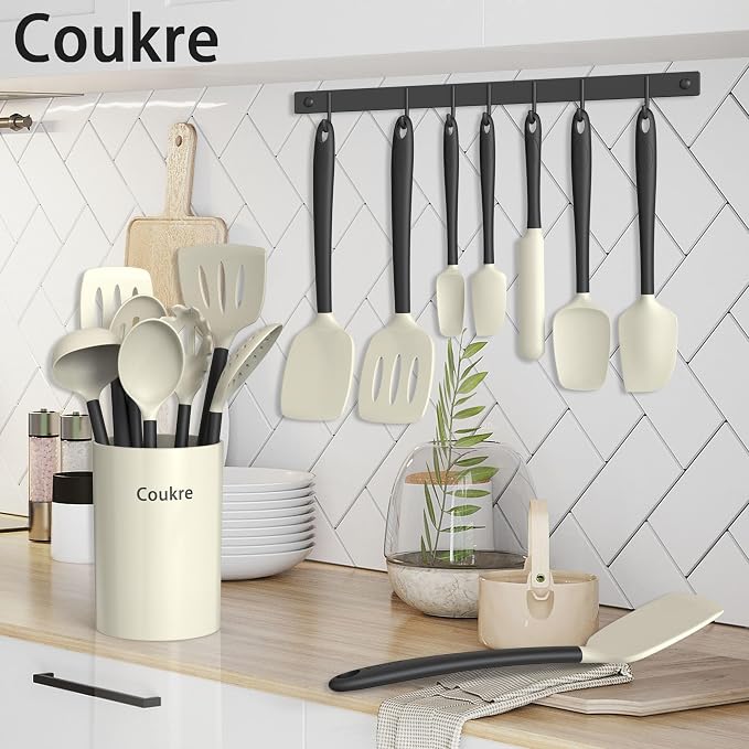 Coukre Silicone Kitchen Cooking Utensils Set, Heat Resistant, 14-Piece | Dishwasher-Safe, Food-Grade Silicone, BPA-Free, Spatulas, Spoons & Turner, Safe for Nonstick Cookware, Beige