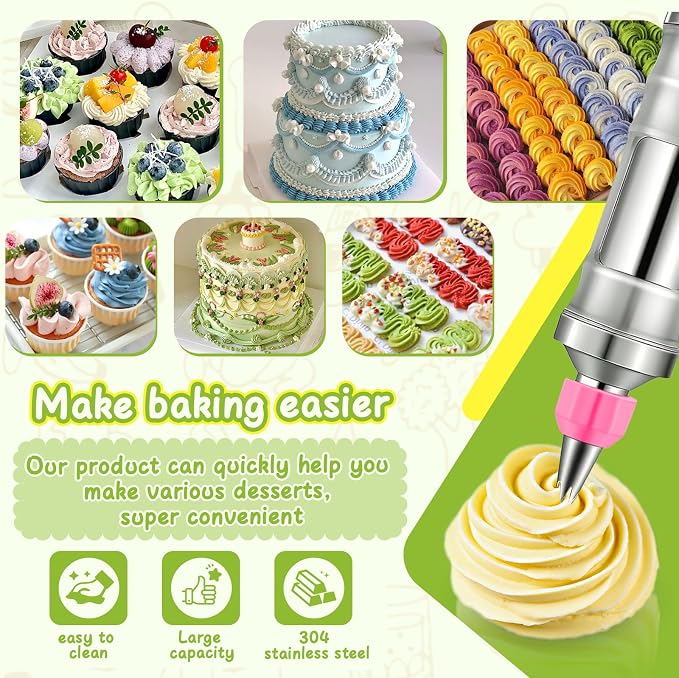 Hendiy Dessert Decorating Syringe Set, Stainless Steel Frosting Kit | 6 Piping Tips, 9 Silicone Cupcakes, Piping Bags Included, Cupcake Decorating Kit