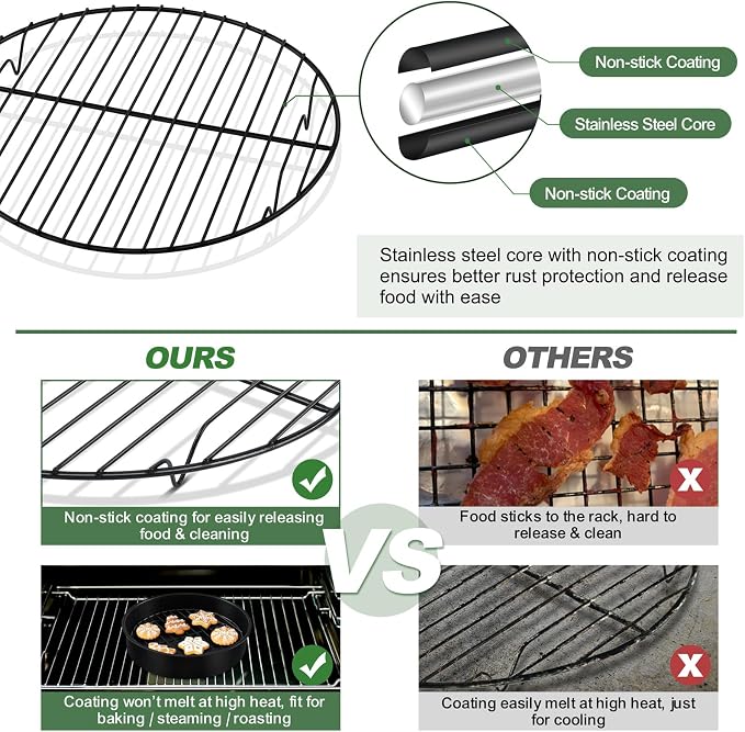 TeamFar Round Cooling Rack, 9" Non-stick Stainless Steel Baking Rack | 2 Pack Coated Cooking Wire Racks for Baking/Roasting/Steaming/Cooling, Healthy & Heavy-Duty, Oven Safe & Easy to Clean