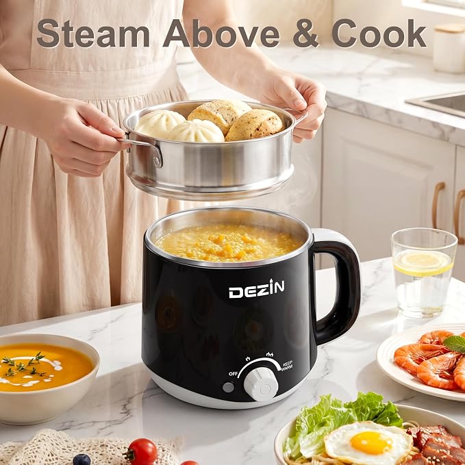 Dezin Hot Pot Electric with Steamer, 1.6L Stainless Steel Electric Pot | Rapid Noodle Cooker, Dual Temp Control & Keep Warm, for Ramen, Egg, Dumpling, Soup & Oatmeal, Ideal for Dorm & Office
