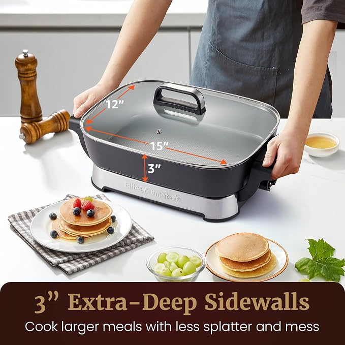 Elite Gourmet Stow-Away Ceramic Electric Skillet, 1500W, Black/Gray | PFAS-Free Ceralast Coating, Rapid Heat-Up, 15"x12"x3" Foldable Design, Dishwasher-Safe Pan & Lid, Large Size