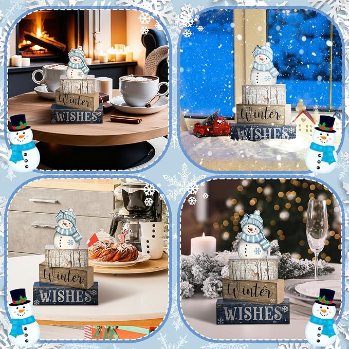Lineshading 4 Pcs Snowman Table Decor Christmas Snowman Wooden Block Sign | Winter Tiered Tray Decor, Rustic Winter Table Centerpiece, Blue and White, Farmhouse Home Decoration for Kitchen Shelf