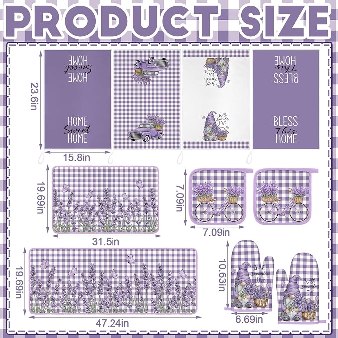 Fourluoo 10 Pcs Lavender Kitchen Decor Set Lavender Kitchen Towels and Rugs Oven Mitts and Pot Holders Set for Cooking Baking Grilling Women Mom Gift