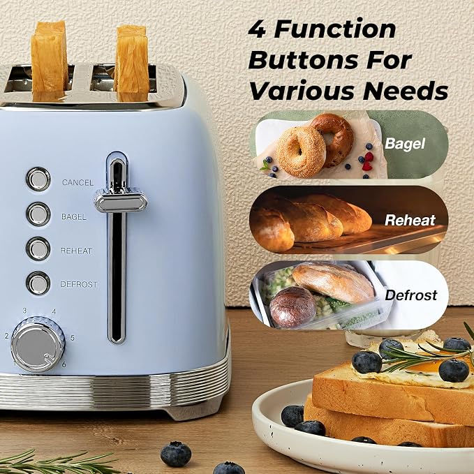 Toaster 2 Slice Retro Stainless Steel, Blue | 1.5” Extra Wide Slots with Bagel, Defrost, Reheat, Cancel Functions, 6 Bread Shade Settings, Removable Crumb Tray