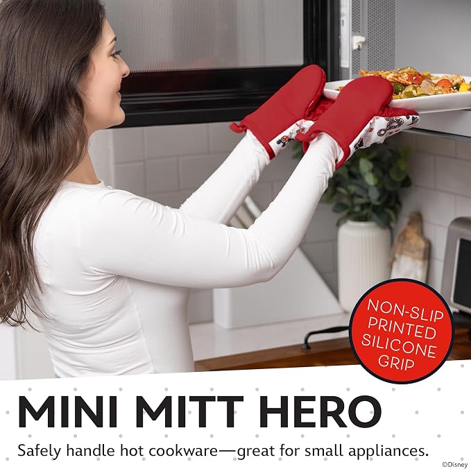 Disney Mickey & Minnie Mini Oven Mitts, 2-Pack, Heat Resistant 450F | Compact 5.5"x7.5" pot holders for kitchen, printed silicone offers non-slip grip, ambidextrous, hand wash or spot clean