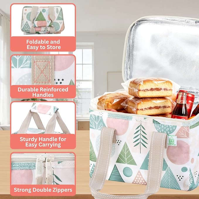 VENO 2 Pack Small Cooler Insulated Lunch Bag Reusable Grocery Shopping Bag | Collapsible Lunch Box Tote for Women Men w/ Handles, Dual Zippers, 9L Capacity for Work Office Picnic Beach (Pastel Forest)
