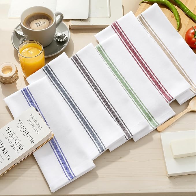 Homaxy 100% Ring Spun Cotton Kitchen Towels 8 Pack, Red Stripe | 15 x 25 Inch, Highly Absorbent Dish Towels for Kitchen Drying, Reusable Cleaning Cloths, Soft Tea Towels with Hanging Loop