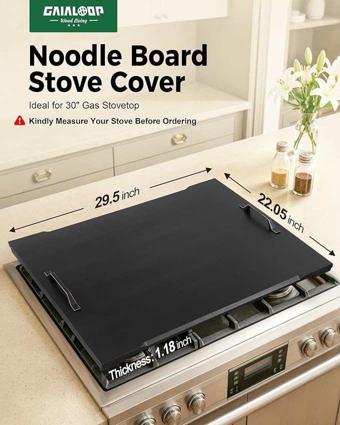 Gaialoop Noodle Board Stove Cover for Gas Stove with Handles, Black Acacia | Black Acacia wood stovetop cover adds counter space, hides stains, elevates your kitchen, and protects most 30" gas stoves