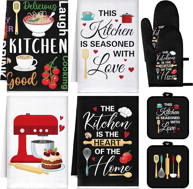 Leinuosen 8 Pcs Cuisine Kitchen Decor Accessories Set Farmhouse Towels Oven Mitts Pot Holders Dishcloths Set Kitchen Decorative Absorbent Gloves Potholders for Chef Baking Cooking
