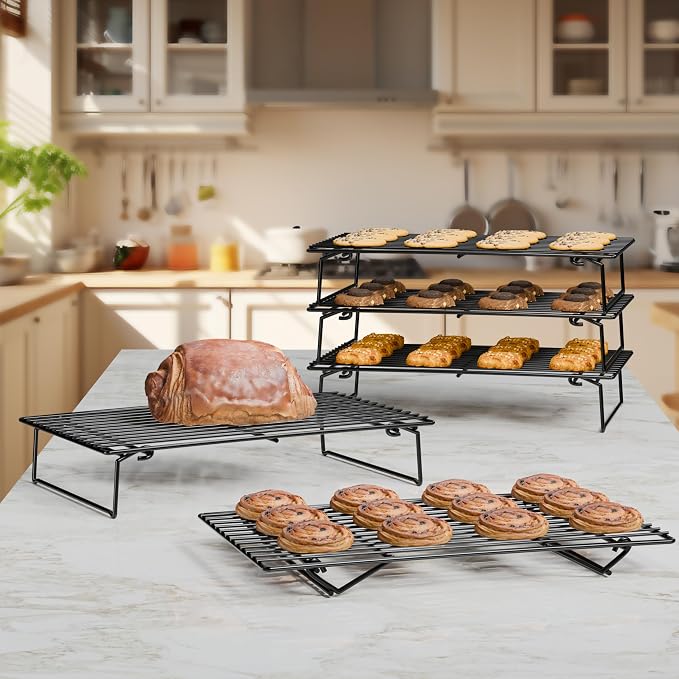 4PCS Cooling Racks for Cooking and Baking, Collapsible 4 Tiers 10"X16" Cool Batches of Cookies, Non-Stick & BPA-Free, Oven and Dishwasher Safe (Black-201)