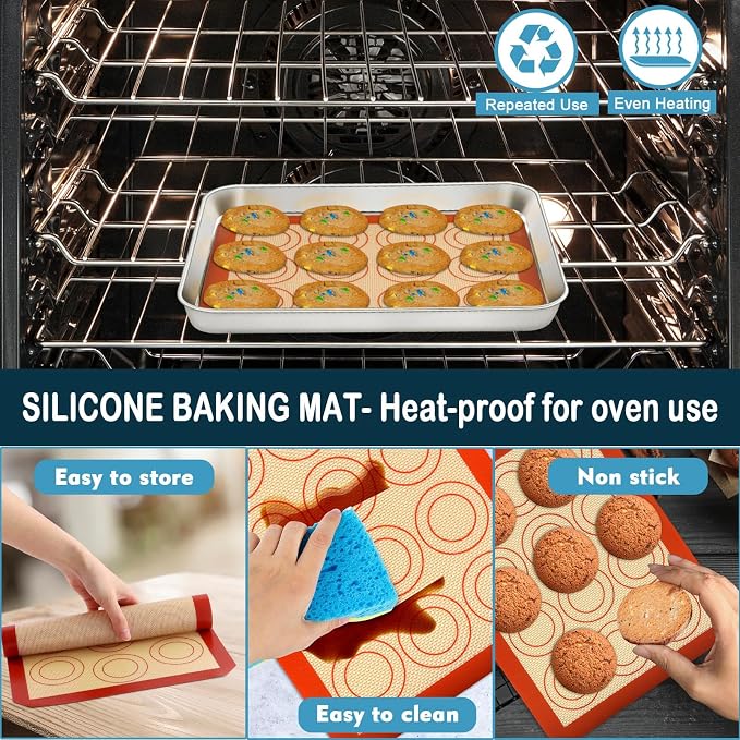 P&P CHEF 10.4 Inch Baking Sheet Pan Cooling Rack with Mat Set for Cookie | Stainless Steel Cookie Pan with Cooling Rack and Silicone Mat for Baking & Roasting, Oven & Dishwasher Safe, Easy Clean
