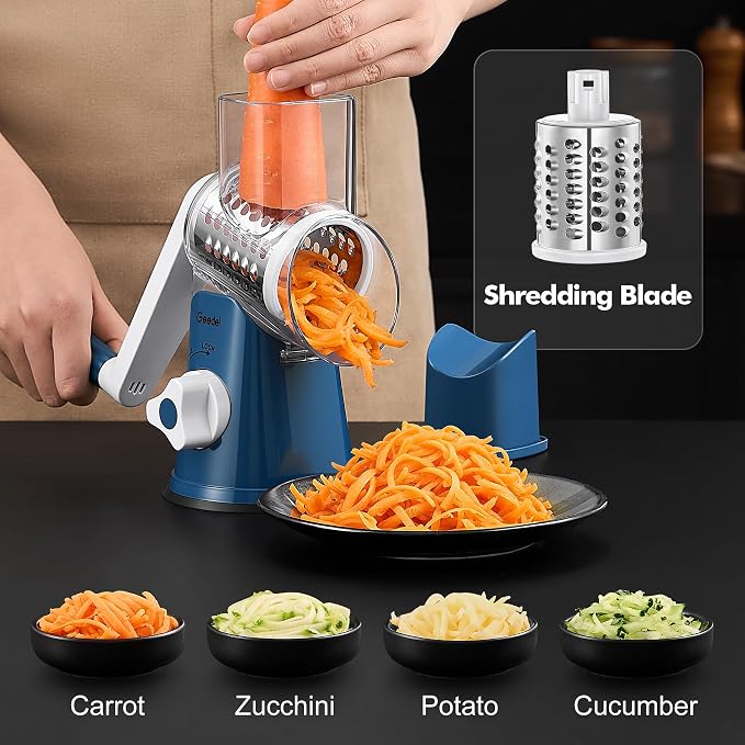Geedel Rotary Cheese Grater Hand Crank, Cheese Shredder Vegetable Slicer | 3 Blades, 430 Stainless Steel, 12x Fast Cutting, Strong Suction Base, No BPA, Dishwasher Safe, for Cheese, Veggie, Nut