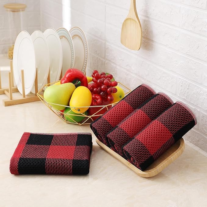 Homaxy Kitchen Towels and Dishcloths Set, Set of 12, Black & Red | Bulk Cotton Waffle Weave Check Plaid Kitchen Towels, Super Soft and Absorbent Dish Cloths, 12 x 12 and 13 x 28 Inches