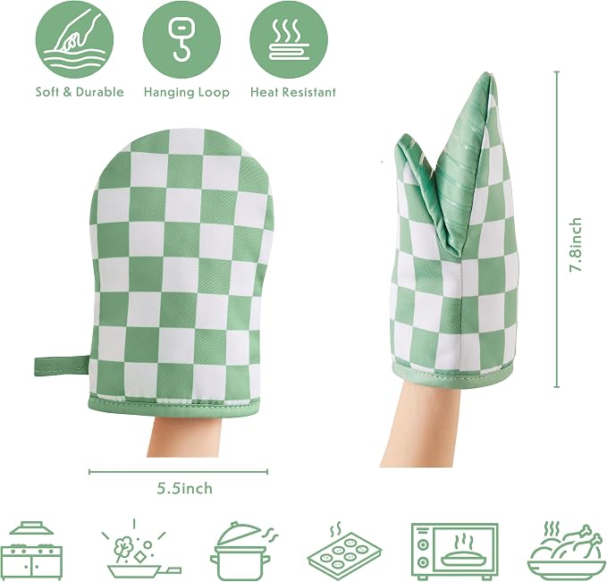 Ohocut Sage Green Checkered Mini Oven Mitts Heat Resistant, Vintage Retro Checkerboard Mini Silicone Oven Mitts Cute, Non-Slip Small Short Kitchen Oven Gloves Set of 2