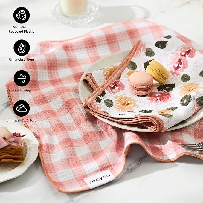 RECYCO Waffle Kitchen Towel Set of 2 - Quick Dry Microfiber Sustainable Dish Towels - Absorbent Reusable Cleaning Tea Towels - Lightweight Hand Towels,16”x 28”, Rose Plaid