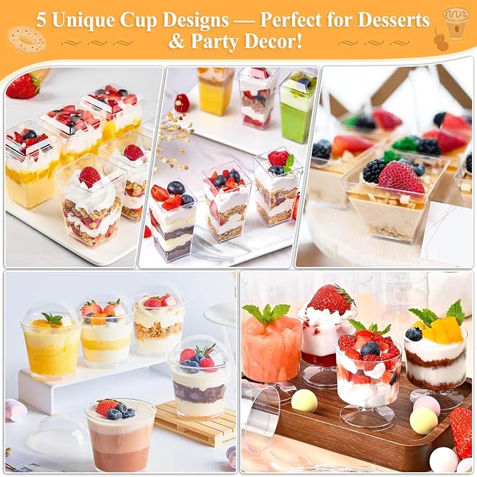 Plastic Dessert Cups with Lids and Spoons 3 oz, 3.5 oz and 5 oz | Mini Dessert Cups with Lids, Clear Yogurt Cups with Lid, Small Appetizer Cups for Fruit Party Pudding Shooter 185 packs