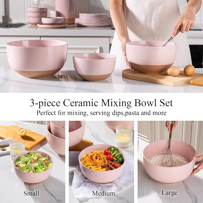 AmorArc Ceramic Mixing Bowls|Nesting Bowls Set of 3 for Kitchen|Stoneware Serving Bowls with Rustic Terracotta Underside for Mixing,Cooking,Baking,Salad| Microwave & Dishwasher Safe 4.6/2.8/1.3 Qt
