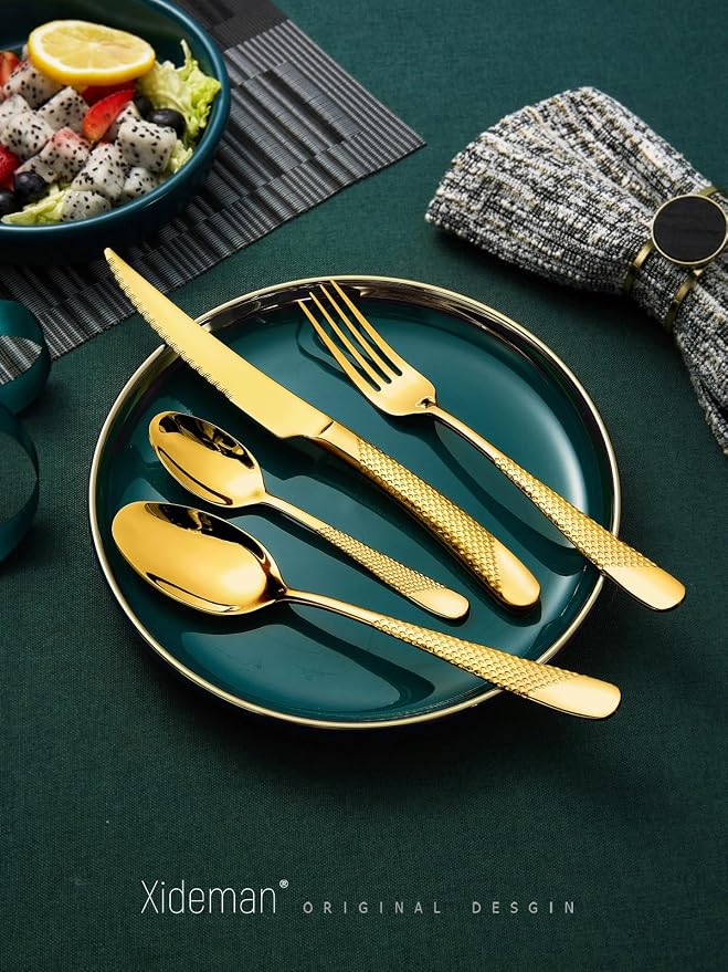 16-Piece Luxury Gold Hammered 18/10 Stainless Steel Silverware Set | Ultra Sharp 2-IN-1 Serrated Knives, Premium Titanium Coating, Non-Slip Handle, Service for 4, Rust Resistant, Dishwasher Safe