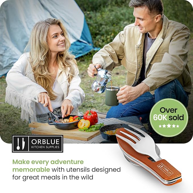 Orblue 4-in-1 Camping Eating Utensils, 2-Pack - Portable Spoon, Fork, Knife & Bottle Opener Combo Set - Stainless Steel Flatware with Detachable Fork - Travel, Backpacking Cutlery Multitool, Orange
