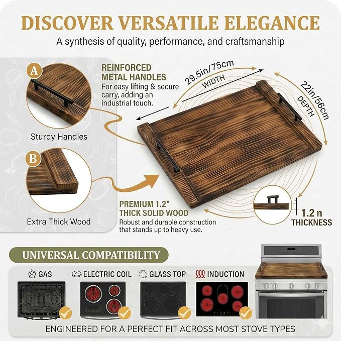Noodle Board Stove Cover, 30 x 22 Inch Wooden Stove Top Cover with Handles, Pine Wood Stovetop Cover with Cross-Grain Dovetail Design for Extra Counter Space, Brown