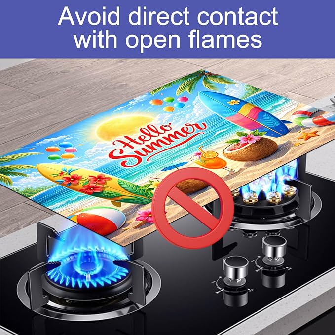 HOMETITUTE Hello Summer Stove Top Covers for Electric Stove 28x20 Inches Beach Surfboard Heat Resistant Glass Cooktop Protector Pad Decorative Stovetop Cover for Kitchen Coffee Bar Decor