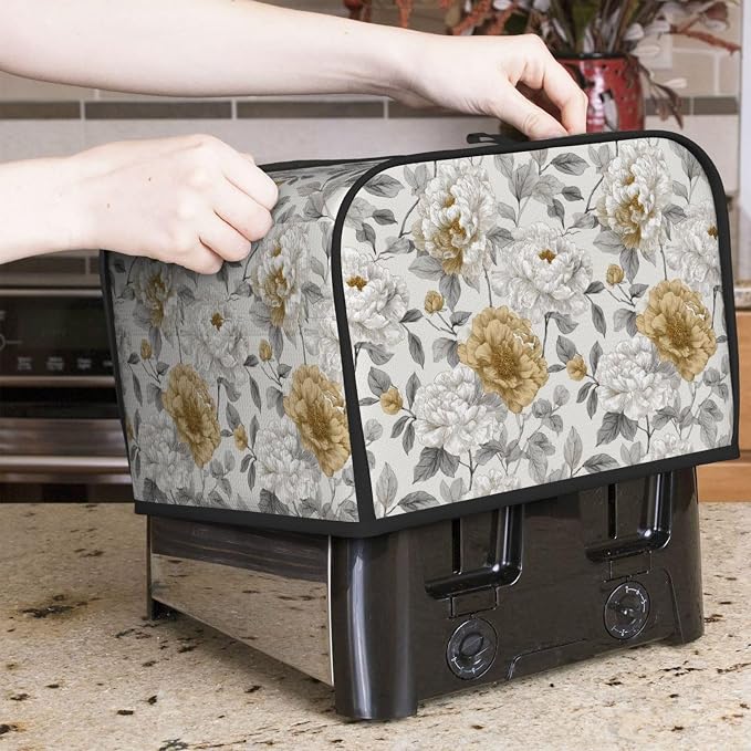 4 Slice Toaster Cover Rustic Flower Peony Floral Dust Proof Washable Kitchen Appliance Cover with Pocket, Oxford Fabric Countertop Toaster Protector for Standard Toasters Small Appliances